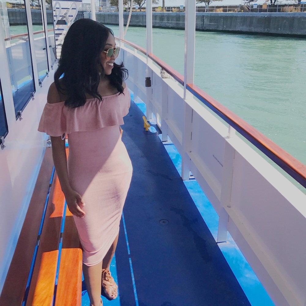 Pink suede flounce midi dress